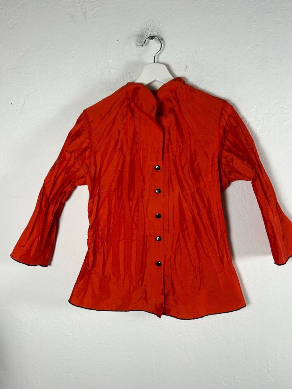 Beluva Womens Orange Crinkled Pleated Button-Down Blouse Small 3/4 Sleeve Top
